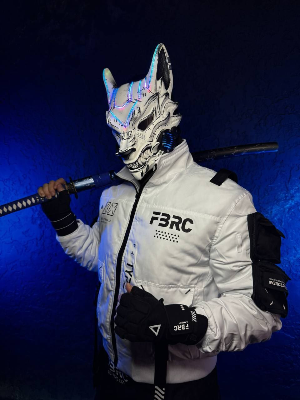 Cyberpunk Kitsune Mask: White with Silver Accents &amp; RGB LED Lights