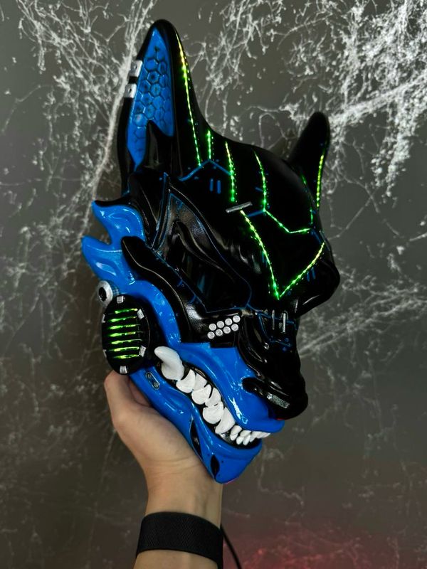 Cyberpunk Kitsune Mask: Black &amp; Blue with RGB LED Lights