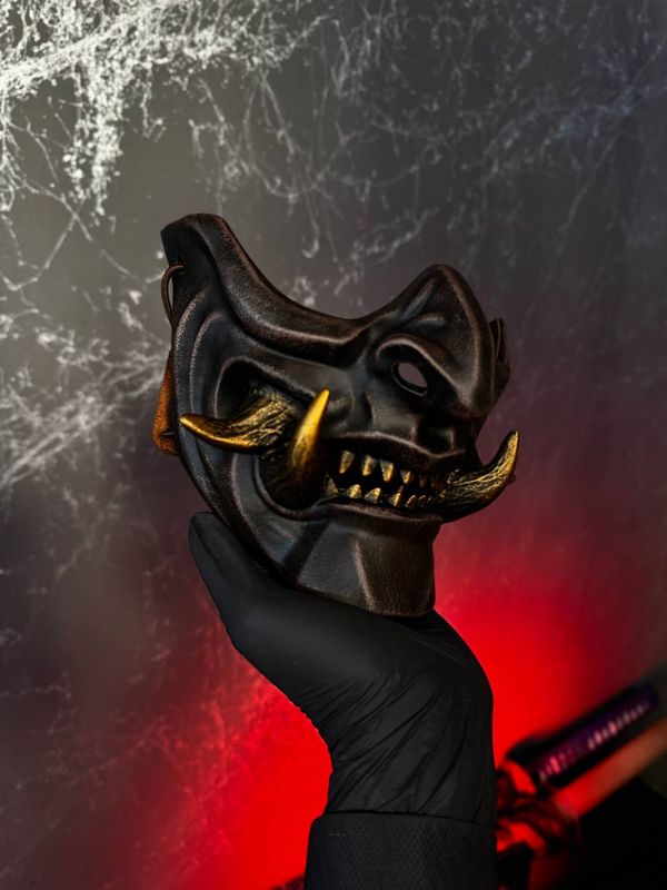 Brown &amp; Gold Samurai Mask with big fangs