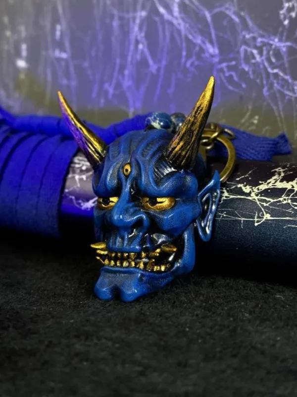 Oni Mask Keychain - Blue and Gold