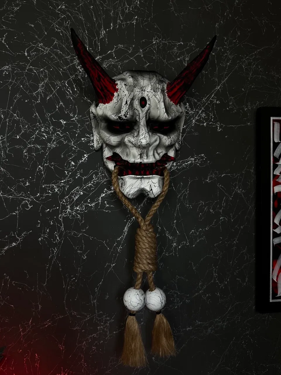 Japanese Black and White Oni Mask with Rope