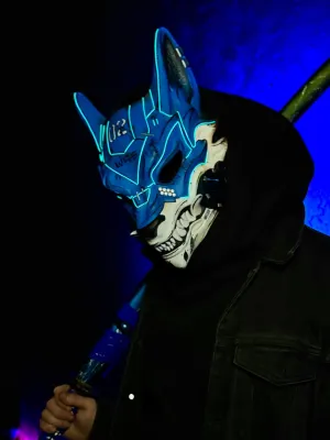 Cyberpunk Mask: Fox Blue &amp; White with Blue LED lights
