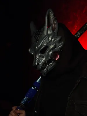 Cyberpunk Kitsune Mask — Gray &amp; Black With Red lights