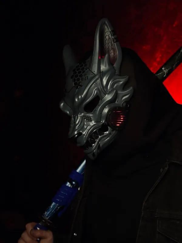 Cyberpunk Kitsune Mask — Gray &amp; Black With Red lights