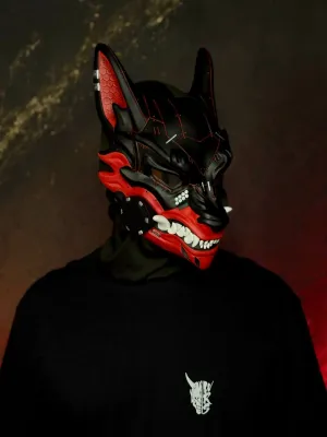 Cyberpunk Kitsune Mask: Half Black &amp; Half Red