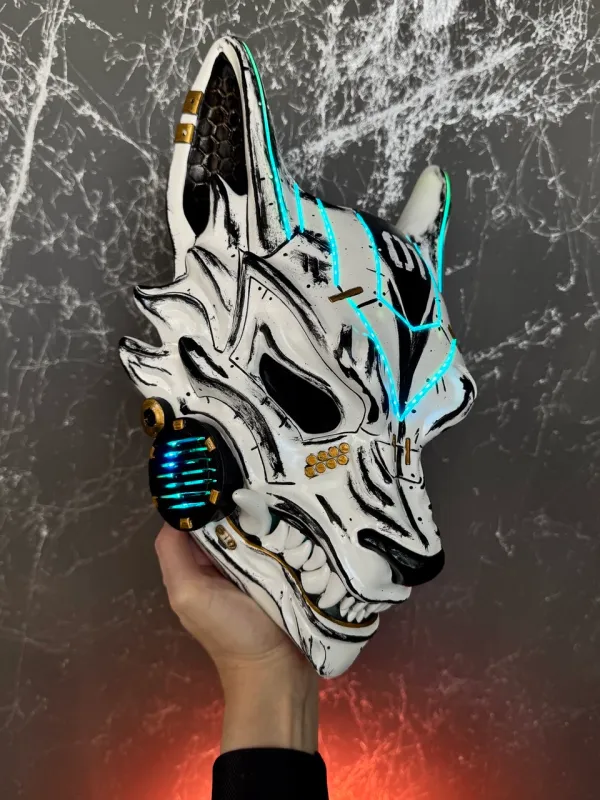 Cyberpunk Kitsune Mask: White Damaged &amp; RGB LED Lights