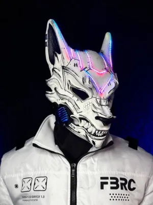 Cyberpunk Kitsune Mask: White with Silver Accents &amp; RGB LED Lights
