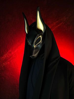 Black Anubis mask with jackal head design and adjustable straps, inspired by Egyptian mythology