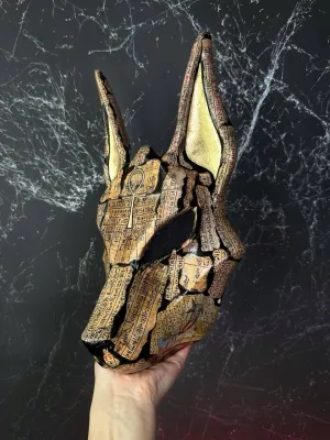 Brown and Black Anubis mask with paper texture, gold leaf Ankh, gold ears and eyes, full face jackal design