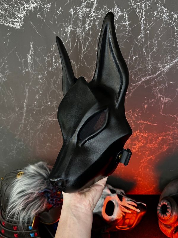 Total Black Anubis mask, full face jackal design with adjustable straps