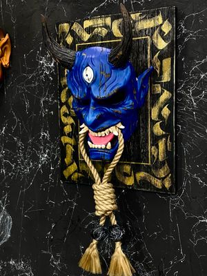 Damaged Blue DBD Oni Mask with Jute Rope Oni mask, Japanese Wall Decor mask, Dead by Daylight Demon mask. Samurai mask, Noh mask, Hannya mask, Ghost of Tsushima mask