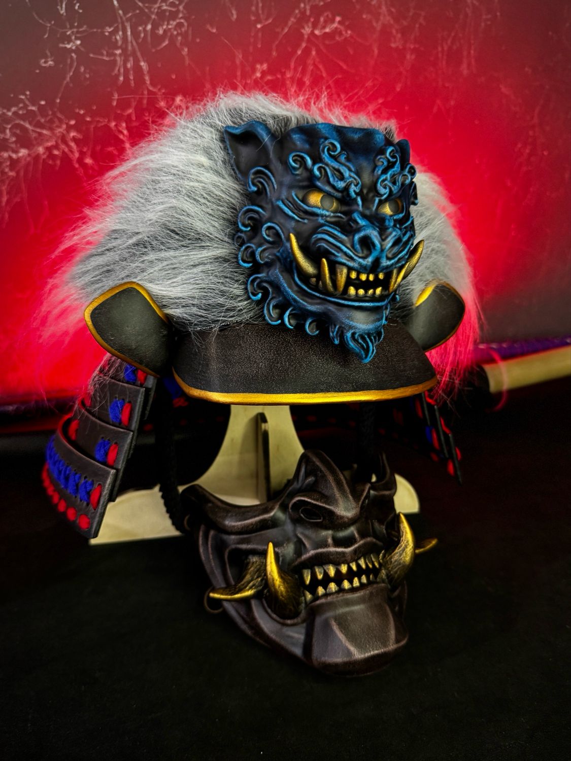 Yoshitsune Kabuto Helmet with Oni half mask, Samurai helmet, Japanese armor. Samurai armour. Hoshi Kabuto, Samurai mask menpo
