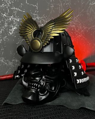 Yoshitsune Kabuto Helmet with Oni half mask, Samurai helmet, Japanese armor. Samurai armour. Hoshi Kabuto, Samurai mask menpo