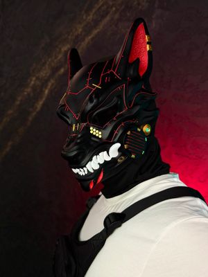 Black Cyberpunk Wolf mask with red lining and ears, gold accents and white fangs, full face kitsune design