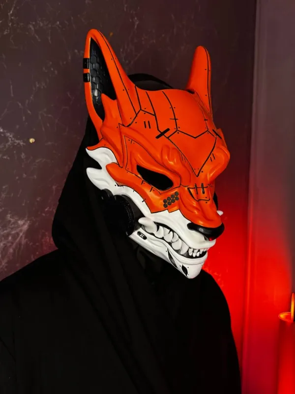 Orange &amp; White Cyberpunk Kitsune mask, full face fox design
