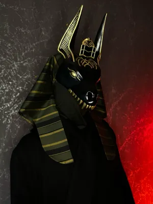 Black and gold Anubis mask with gold leaf details and gold fangs, half face jackal design with a cloak and adjustable straps