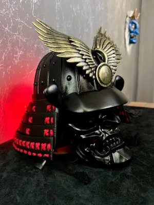 Yoshitsune Kabuto Helmet with Oni half mask, Samurai helmet, Japanese armor. Samurai armour. Hoshi Kabuto, Samurai mask menpo