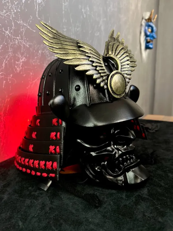 Yoshitsune Kabuto Helmet with Oni half mask, Samurai helmet, Japanese armor. Samurai armour. Hoshi Kabuto, Samurai mask menpo