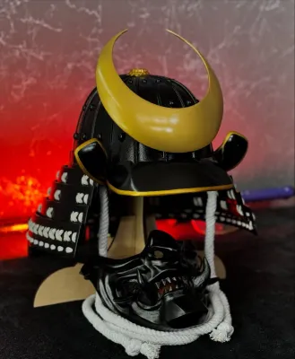 Yoshitsune Kabuto Helmet with Oni half mask, Samurai helmet, Japanese armor. Samurai armour. Hoshi Kabuto, Samurai mask menpo