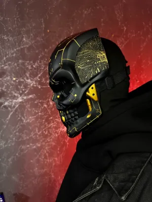 Cyberpunk Skull Mask: Black and Gold Black and gold cyberpunk skull mask with golden microcircuits, full face design