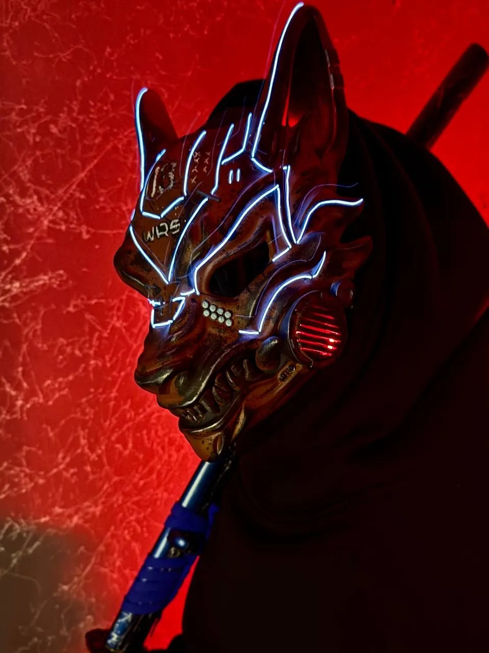 Rusty Cyberpunk Kitsune mask damaged style with blue LED Lights, full face fox design