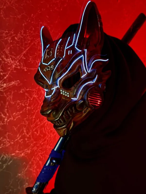 Rusty Cyberpunk Kitsune mask damaged style with blue LED Lights, full face fox design