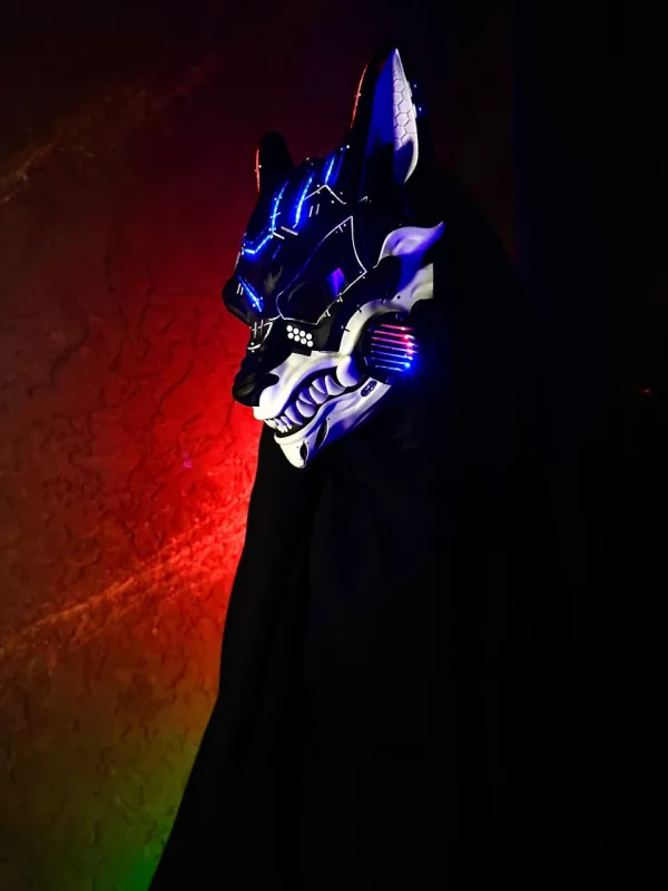 Black &amp; White Cyberpunk Kitsune mask with silver accents and RGB LED lights, full face wolf design