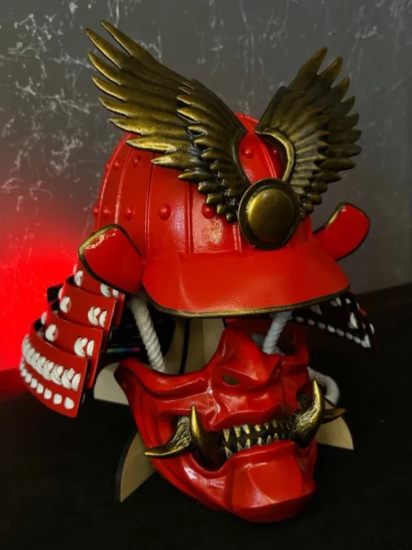 Yoshitsune Kabuto Helmet with Oni half mask, Samurai helmet, Japanese armor. Samurai armour. Hoshi Kabuto, Samurai mask menpo