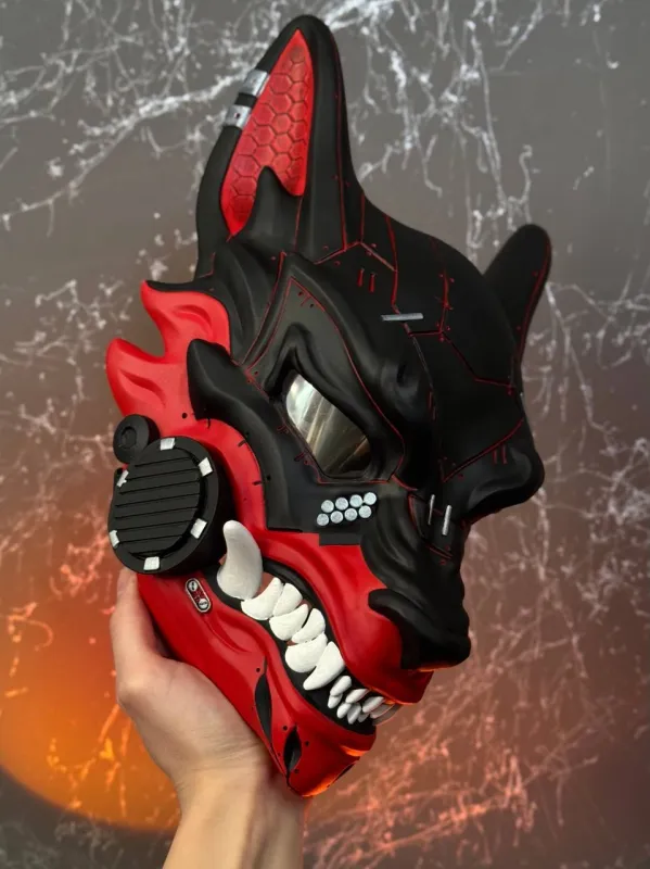 Half Black &amp; Half Red Cyberpunk Kitsune mask with silver accents and white fangs, full face wolf design