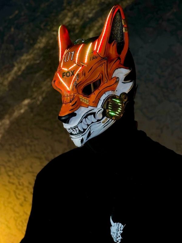 Orange &amp; White Cyberpunk Kitsune mask damaged style with numbers on the forehead and RGB LED lights, full face fox design