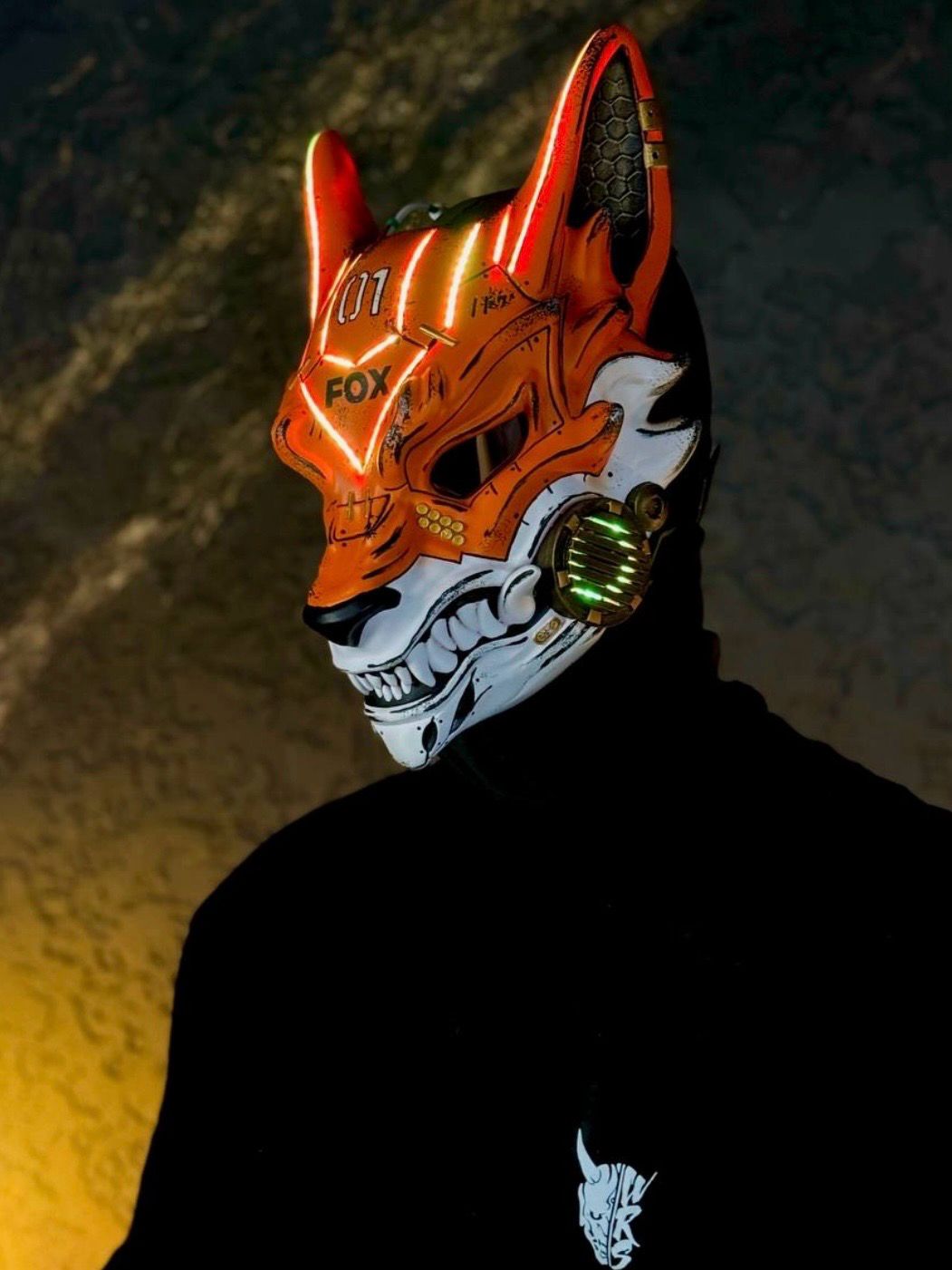 Orange &amp; White Cyberpunk Kitsune mask damaged style with numbers on the forehead and RGB LED lights, full face fox design
