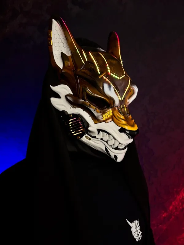 Brown &amp; White Cyberpunk Kitsune mask with RGB LED lights, full face fox design