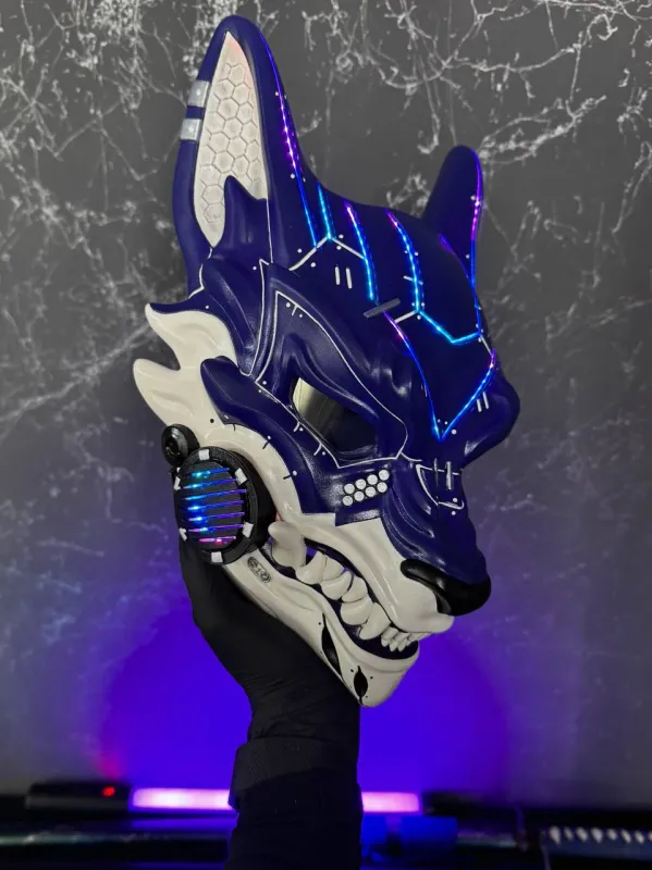 Half Purple &amp; Half White Cyberpunk Kitsune mask with silver accents and RGB LED lights, full face fox design