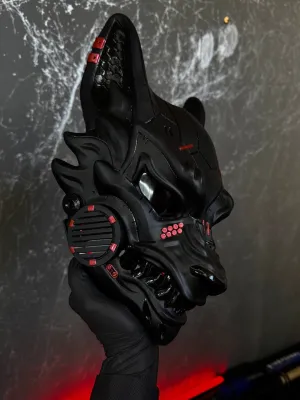 Black Cyberpunk Kitsune mask with metallic red accents, full face wolf design