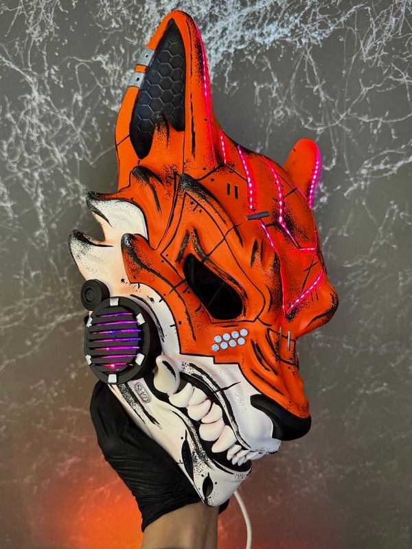 Orange &amp; White Cyberpunk Kitsune mask with damaged style and RGB LED lights, full face fox design