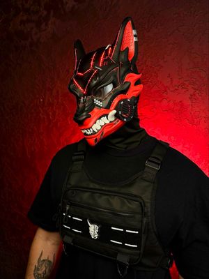 Black &amp; Red cyberpunk Kitsune mask with white fangs and RGB LED lights, full face wolf design