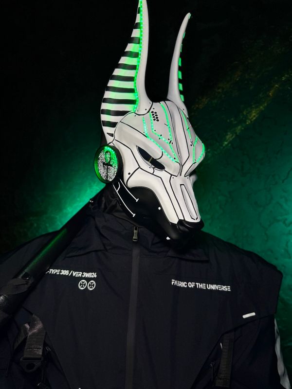 Cyberpunk Anubis mask with green LED lights, white jackal helmet by WorkshopRS