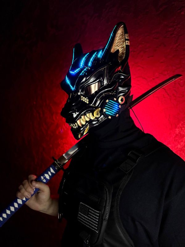 Black Gold Cyberpunk Kitsune mask smart RGB LED DJ Mask WorkshopRS