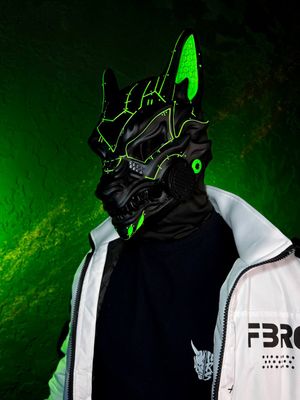 Black cyberpunk Kitsune fox mask with green UV glow and full face design