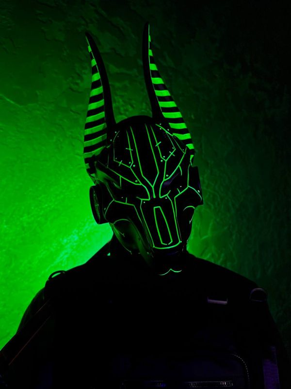 Black cyberpunk Anubis mask with green UV glow, full face jackal mask with adjustable straps, futuristic cosplay mask