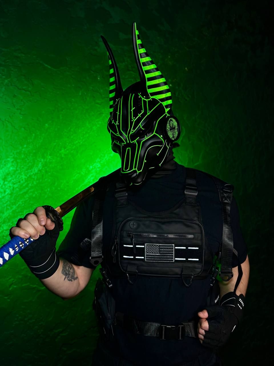 Black cyberpunk Anubis mask with green UV glow, full face jackal mask with adjustable straps, futuristic cosplay mask