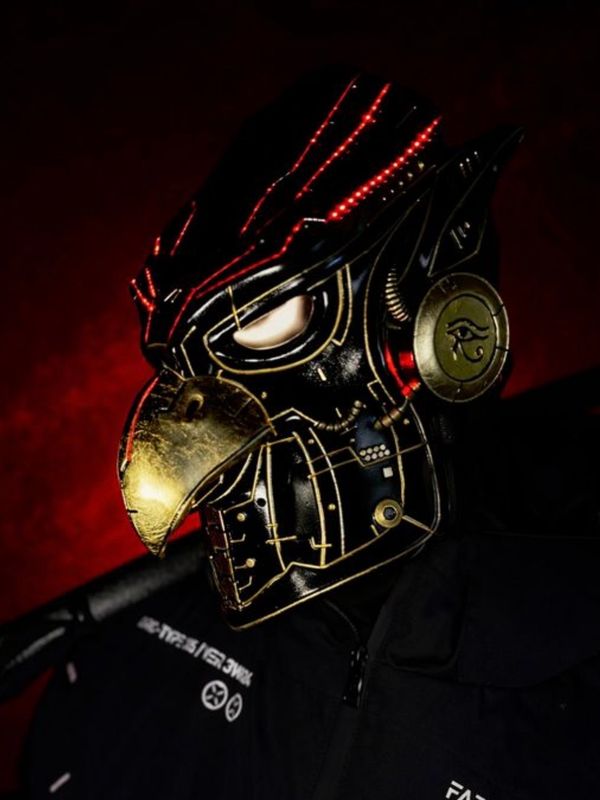 Cyberpunk Eagle Mask: Black &amp; Gold Leaf with RGB LED Lights