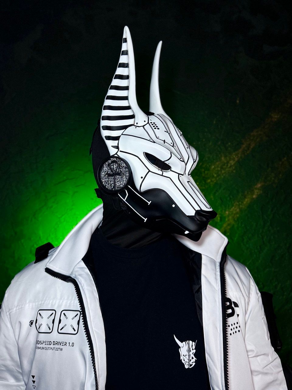 White and black cyberpunk Anubis mask, full face jackal design, futuristic cosplay mask