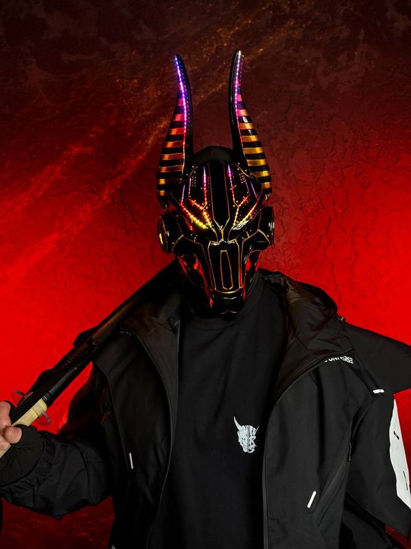 Black and Gold cyberpunk Anubis mask with RGB LED lights, full face jackal design, futuristic cosplay mask