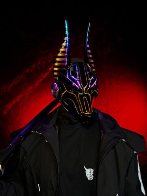 Black and Gold cyberpunk Anubis mask with RGB LED lights, full face jackal design, futuristic cosplay mask