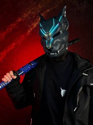 Cyberpunk Cat mask - Grey &amp; Silver with RGB LED lights