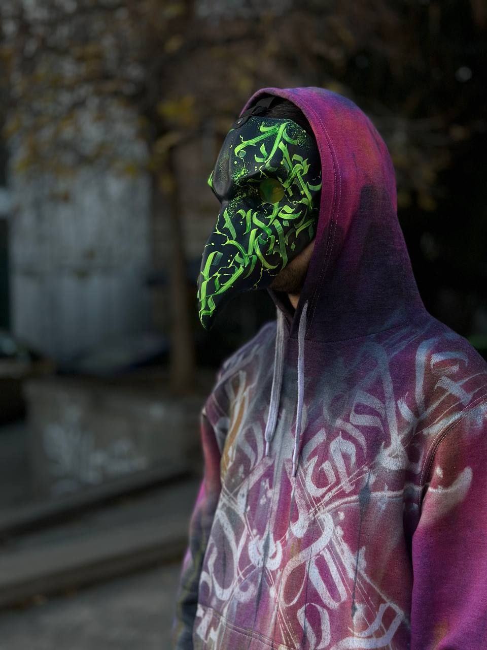 Plague Doctor Mask: Neon Green UV glow Calligraphy | Limited Edition 