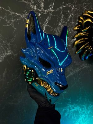 Cyberpunk Kitsune mask: Turquoise &amp; Gold leaf with RGB LED