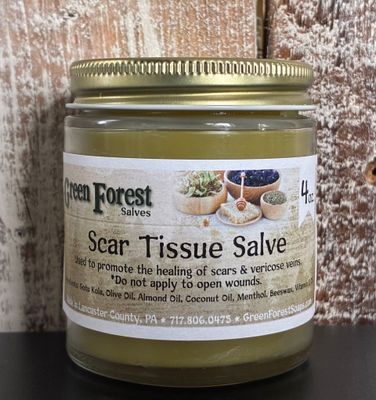 Scar Tissue Salve used to promote healing of scars and varicose veins.

