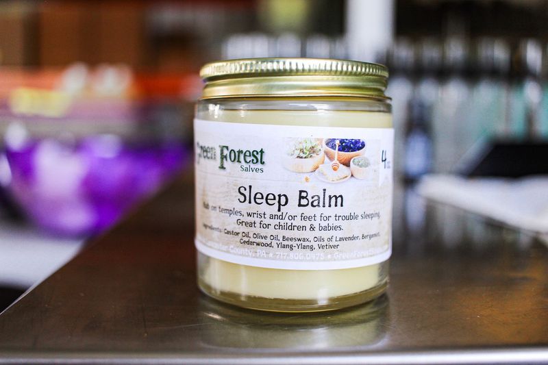 All Natural Sleep Balm by Green Forest Soaps. Rub on temples, wrists and/or feet for trouble sleeping. Great for children.